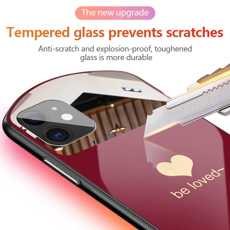 Luxury Cute Oval Heart-shaped Tempered Glass Phone Case For iPhone 15 14 13 12 11 Pro Max XS X SE 8 7 Plus Mirror Lanyard Cover