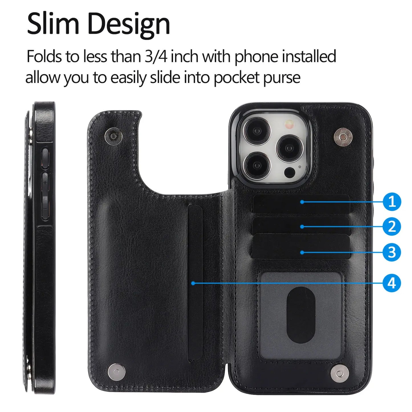 Double Buckle Leather Case for iPhone 15 Pro Max 15 Plus with Card Slots and Stand Function Drop Protection Cover