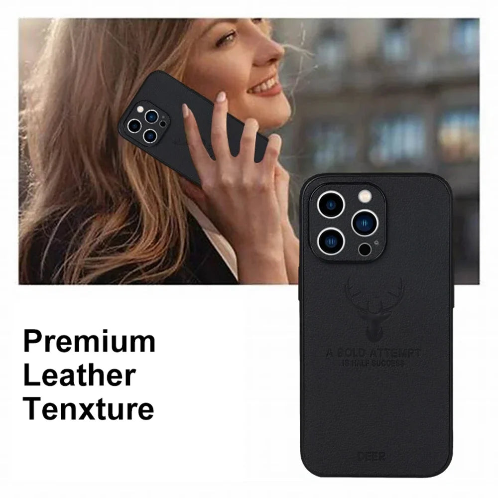 Retro PU Leather Case for iPhone 14 15 Plus 13 11 12 Pro Max XR X XS 7 8 Deer Pattern Soft Business Lens Protection Phone Cover