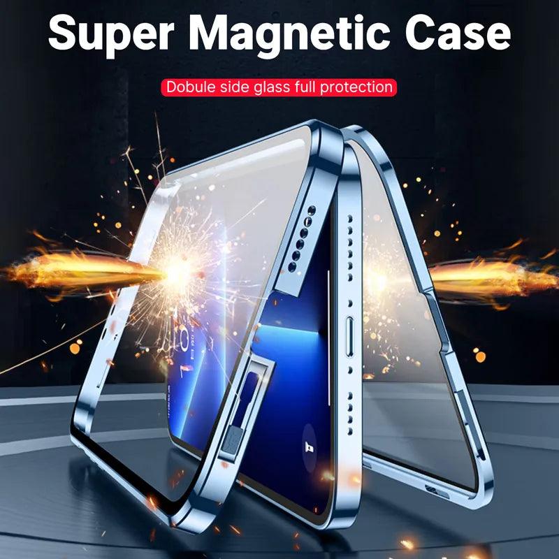 Metal Frame Double Sided Glass Magnetic Phone Case For iPhone 15