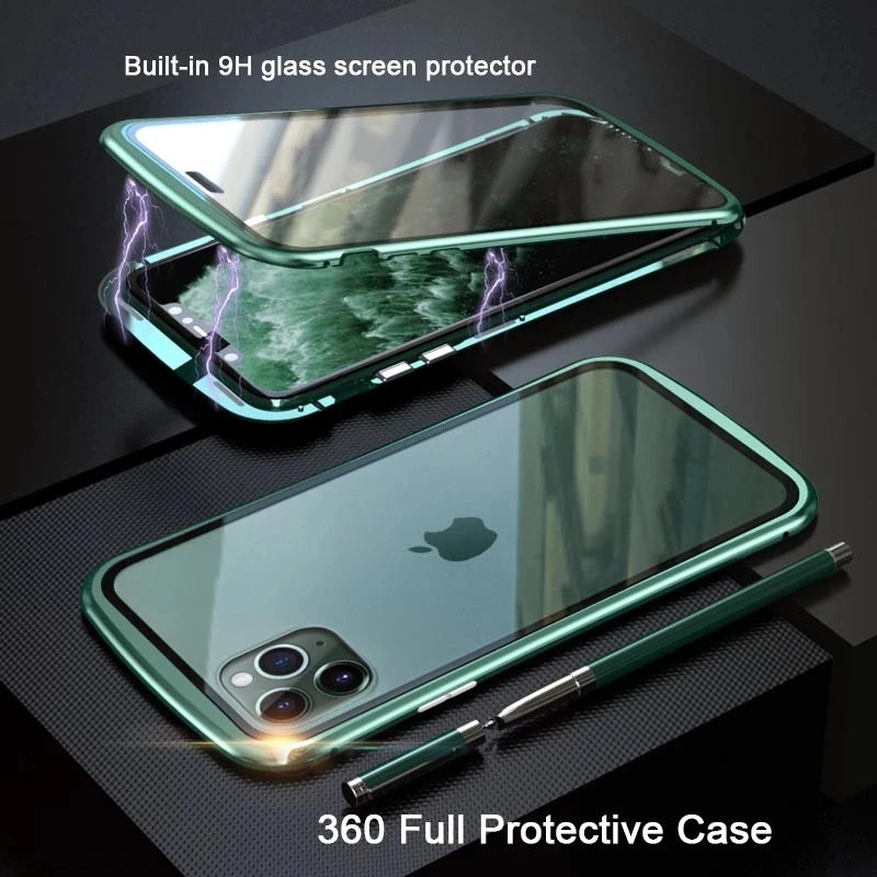 Metal Frame Double Sided Glass Magnetic Phone Case For iPhone 15 14 13 12 Pro Max X XS 8 7 14 Plus 13 12Mini Camera Lens Cover