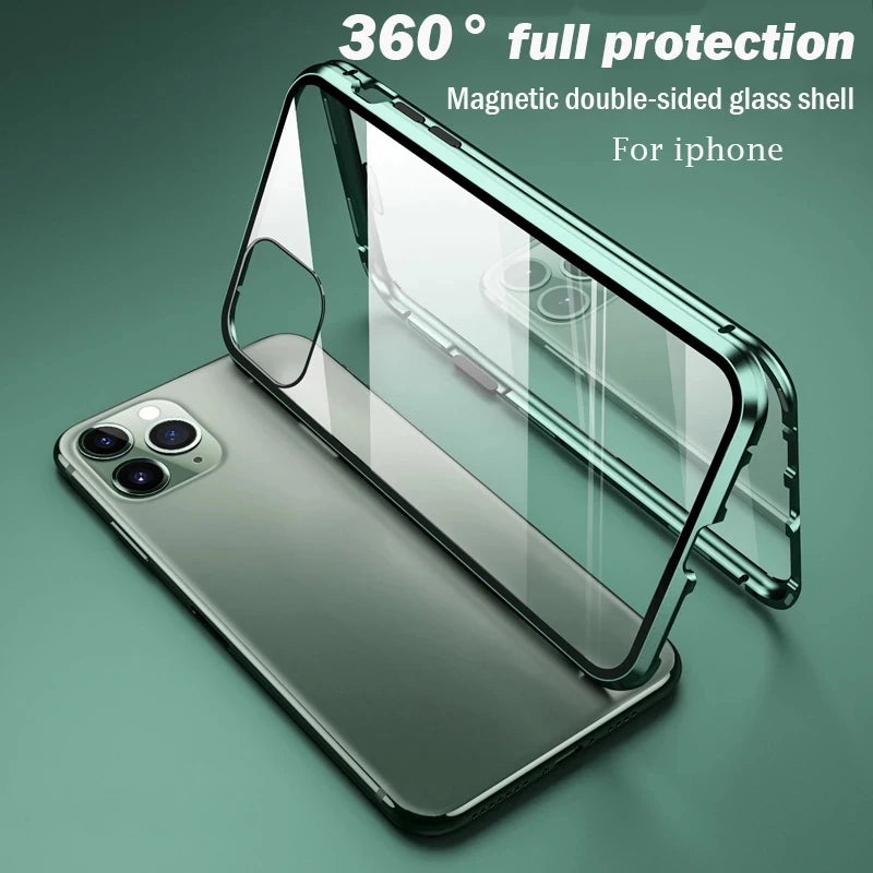 Metal Frame Double Sided Glass Magnetic Phone Case For iPhone 15 14 13 12 Pro Max X XS 8 7 14 Plus 13 12Mini Camera Lens Cover