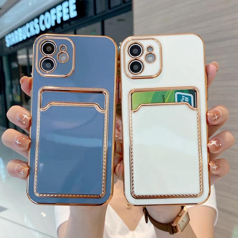 Luxury Card Holder Phone Case For iPhone 13 12 11 Pro X XR XS Max Gold Plating Bumper - i-Phonecases.com