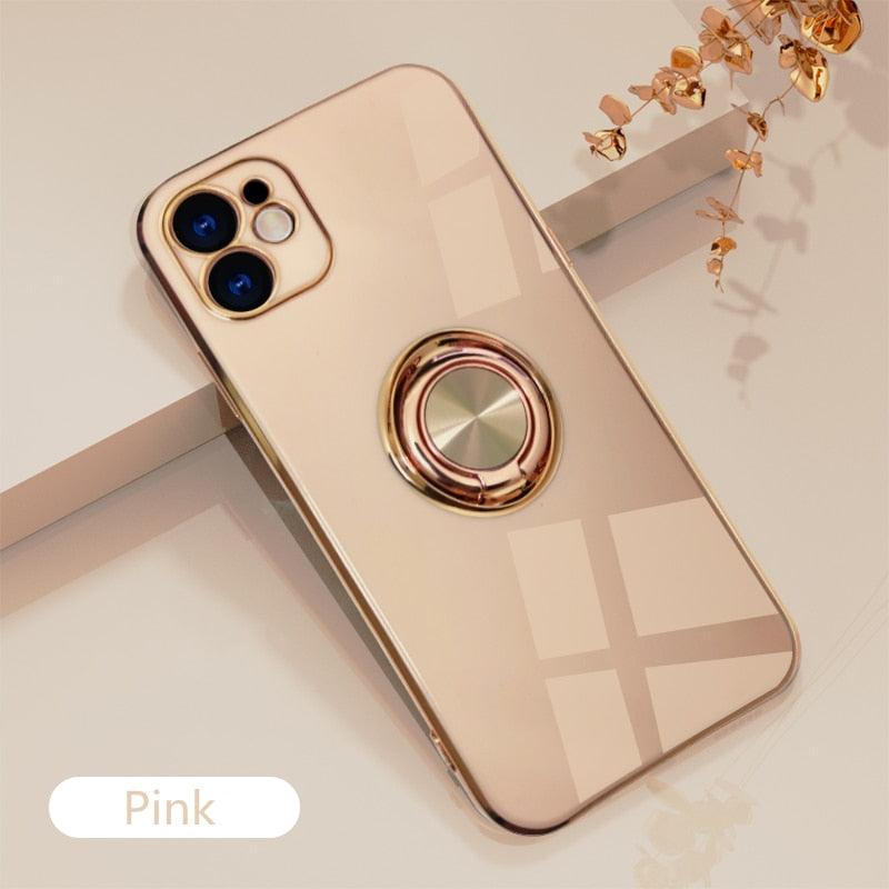 Luxury Plating Metal Ring Holder Phone Case For iPhone 14 Plus 13 12 Pro Max Soft Cover