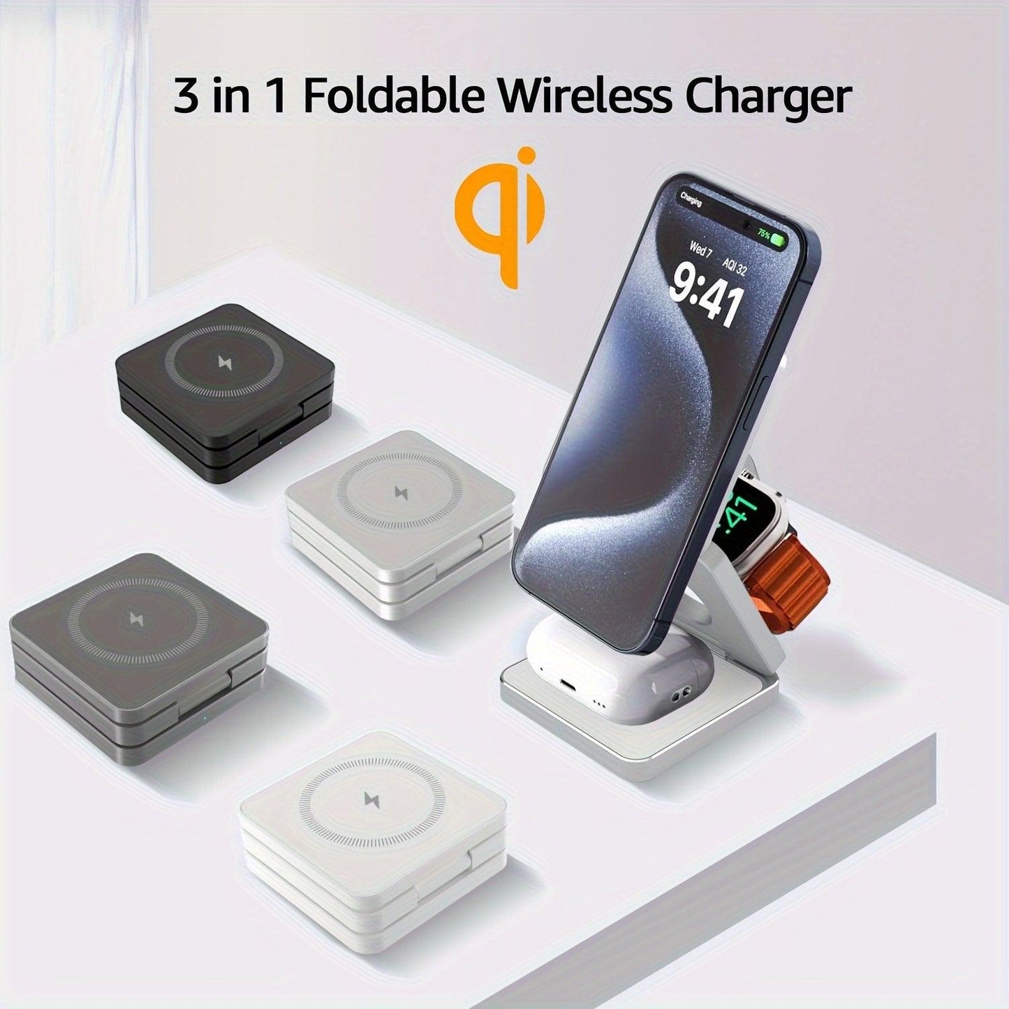 Magnetic 3-In-1 Fast Wireless Charger - Foldable & Portable Station For Iphone (15/14/13 Pro Max), Iwatch (9/8/7/6/5) & For Airpods, Usb-C Powered