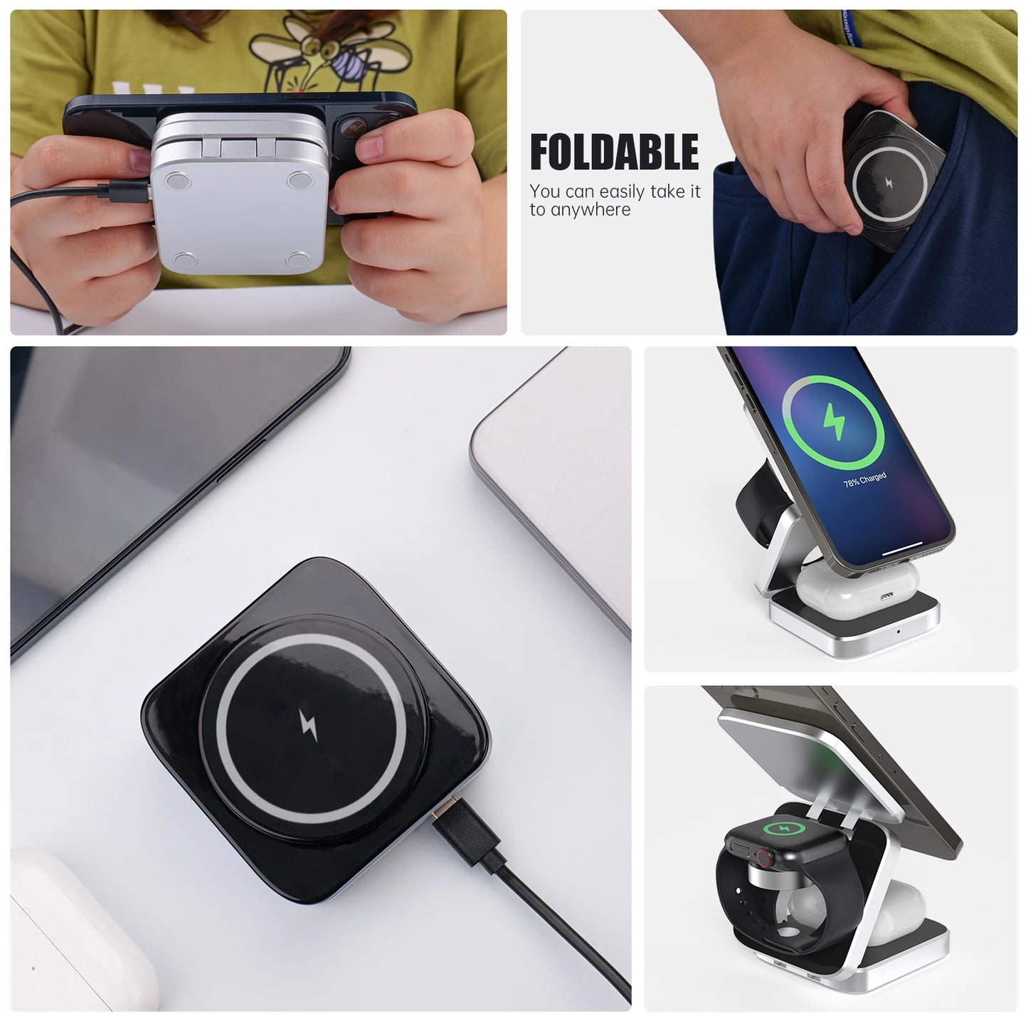 Portable 3 in 1 Foldable Wireless Charger Stand Dock for iPhone 15 14 Holder Magnetic Fast Charging Station for Apple Watch S9