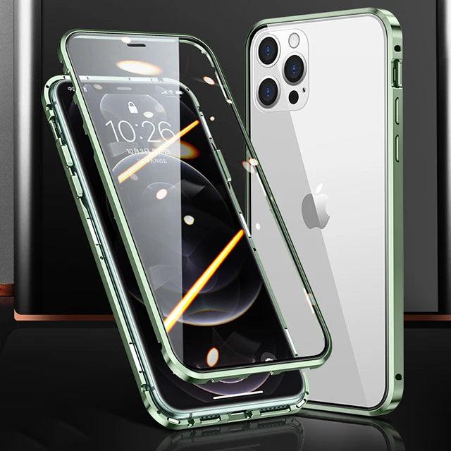 Metal Frame Double Sided Glass Magnetic Phone Case For iPhone 15 14 13 12 Pro Max X XS 8 7 14 Plus 13 12Mini Camera Lens Cover