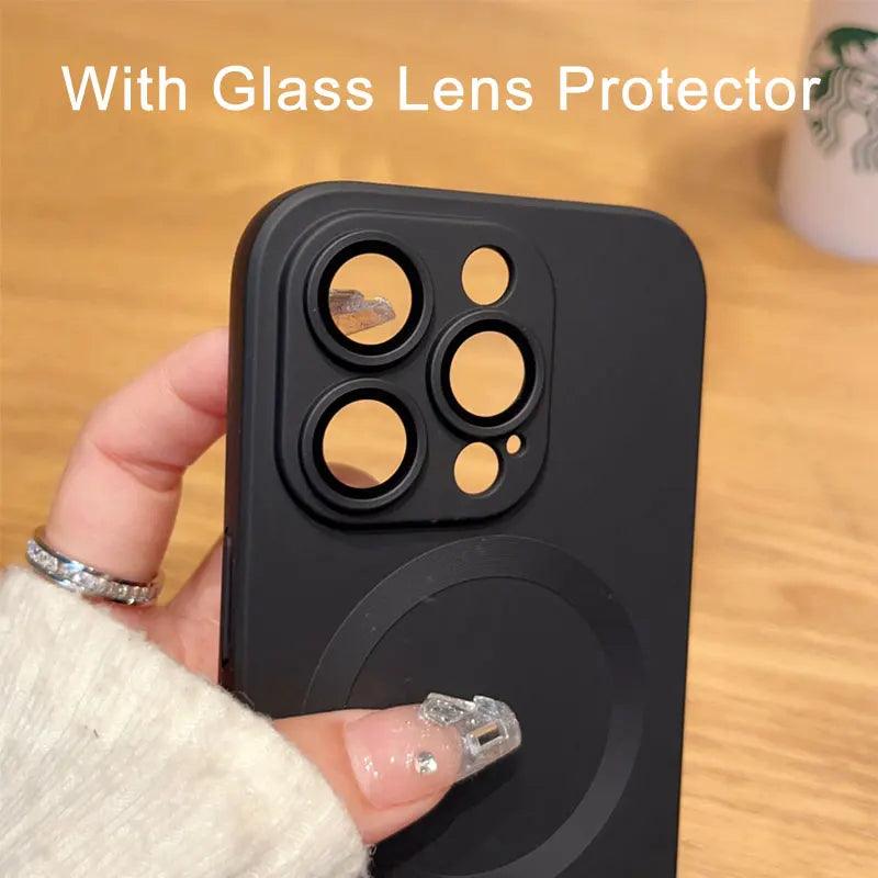 Magsafe Luxury Glass Lens Protection Soft Silicone Case for IPhone 15 14 11 13 12 Pro Max Plus Magnetic Wireless Charging Cover