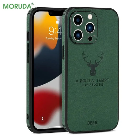Retro PU Leather Case for iPhone 14 15 Plus 13 11 12 Pro Max XR X XS 7 8 Deer Pattern Soft Business Lens Protection Phone Cover