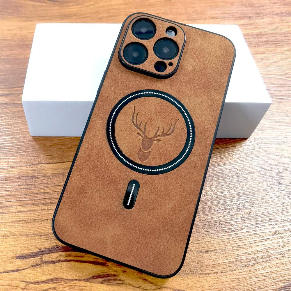 Luxury PU Leather Deer Case For iPhone 15 14 13 12 11 Pro Max 15Pro 14Pro 13Pro ProMax For Magsafe Wireless Charge Full Cover on - i-Phonecases.com