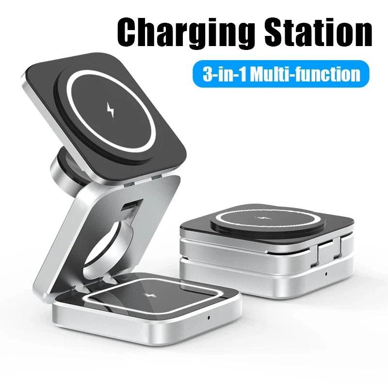 Portable 3 in 1 Foldable Wireless Charger Stand Dock for iPhone 15 14 Holder Magnetic Fast Charging Station for Apple Watch S9