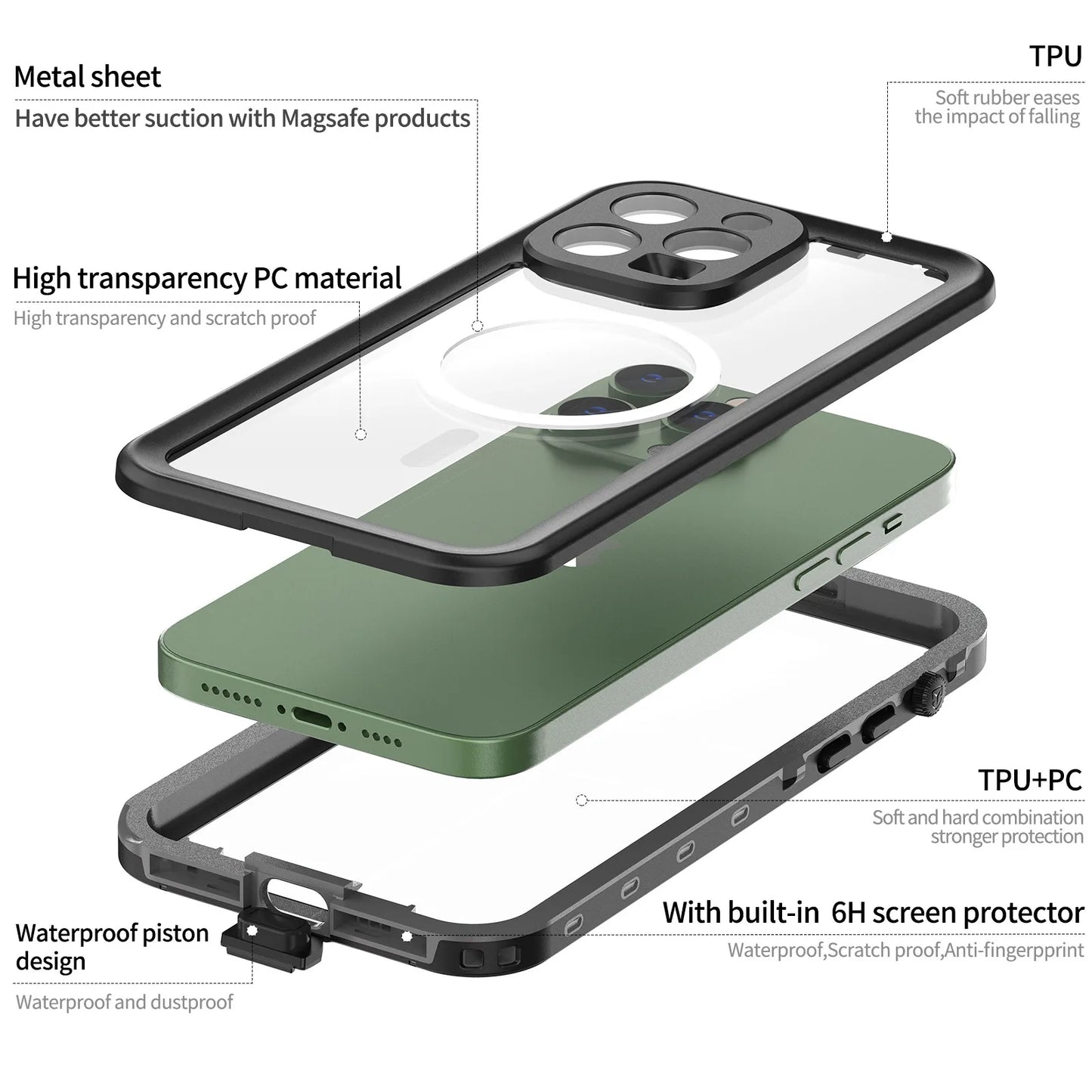Waterproof for iPhone 16 15 14 Pro Max Case Plus Compatible Magsafe Case Magnetic Magnet Full Protection Phone Case with Lanyard