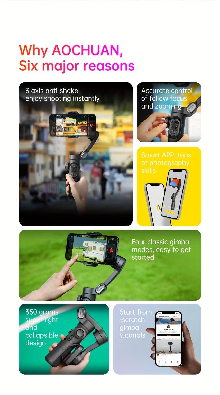 AOCHUAN XE 3-Axis Handheld Gimbal Stabilizer Foldable Smartphone Cellphone Video Record Vlog PTZ Stabilizer For IPhone Xiaomi Samsung