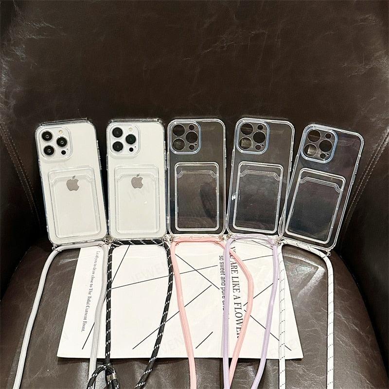 Crossbody Strap Lanyard Card Bag Case For iphone 14 13 12 Mini 11 Pro Max Plus Silicone Soft TPU Clear Shockproof Back Cover - i-Phonecases.com
