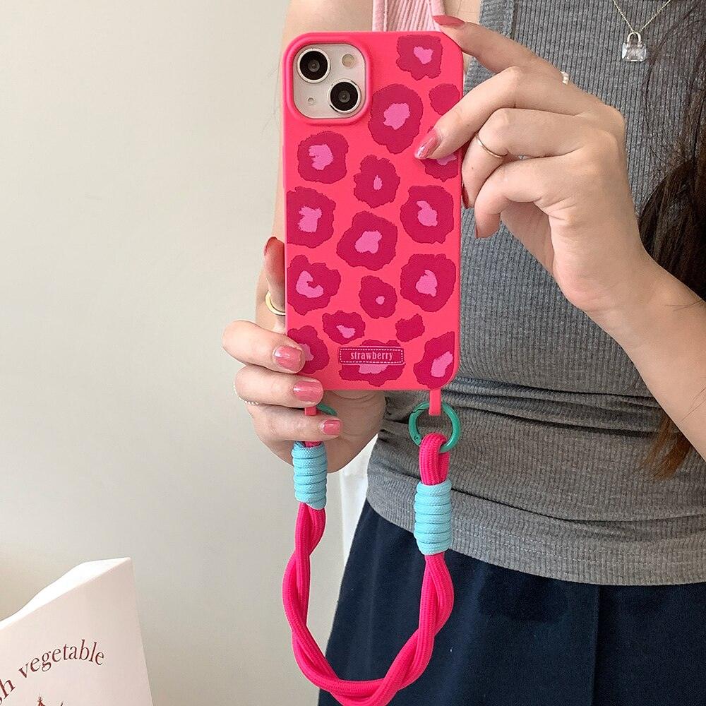 Fashion Leopard Print Phone Case For iPhone 14 11 12 13 Pro Max 14pro Cover with Hand Rope Strap Silicone Cute Protective Cases - i-Phonecases.com
