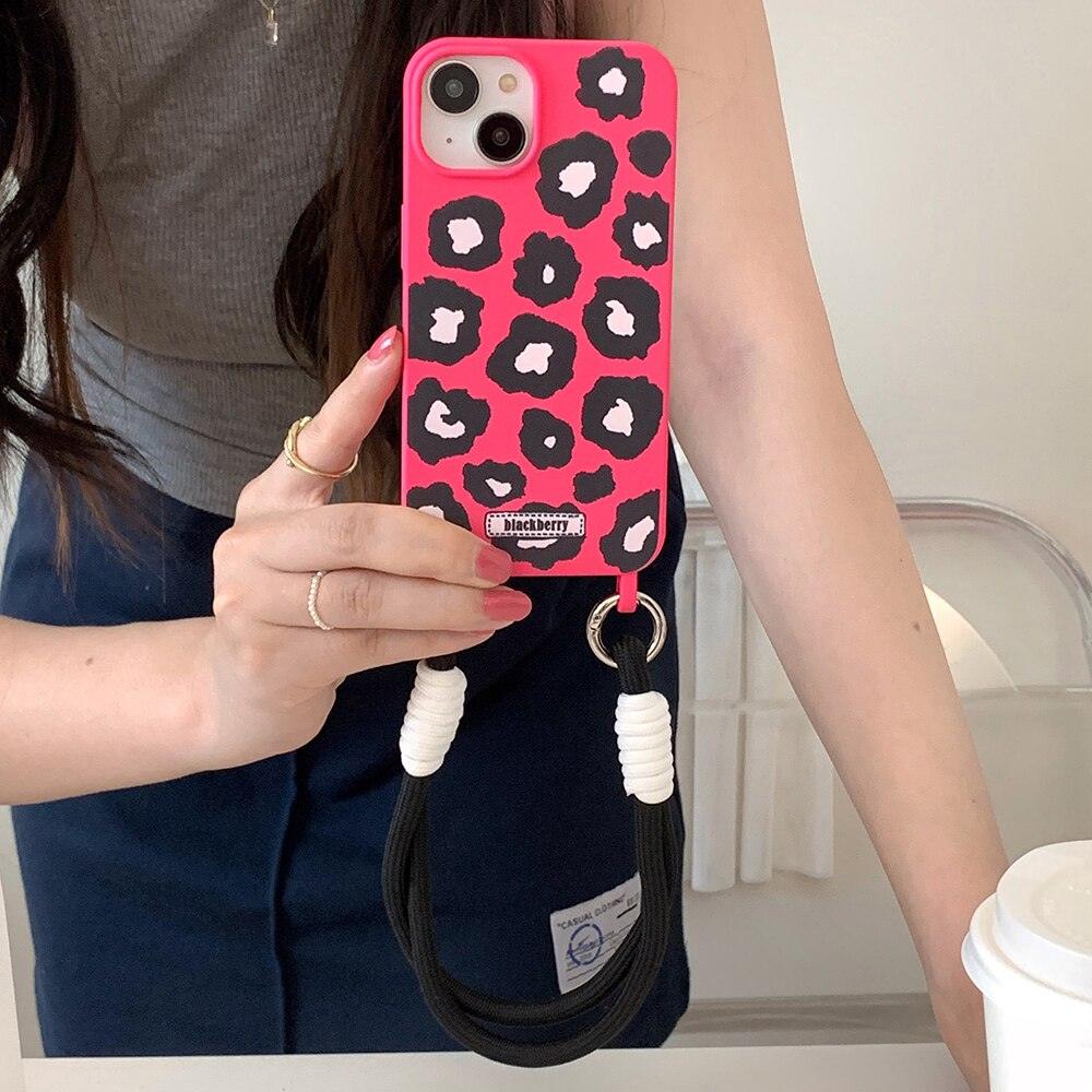Fashion Leopard Print Phone Case For iPhone 14 11 12 13 Pro Max 14pro Cover with Hand Rope Strap Silicone Cute Protective Cases - i-Phonecases.com
