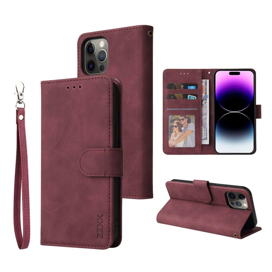 Luxury Leather Wallet Card Holder Flip Case For iPhone 14 13 12 Pro Max Plus Wrist Strap - i-Phonecases.com