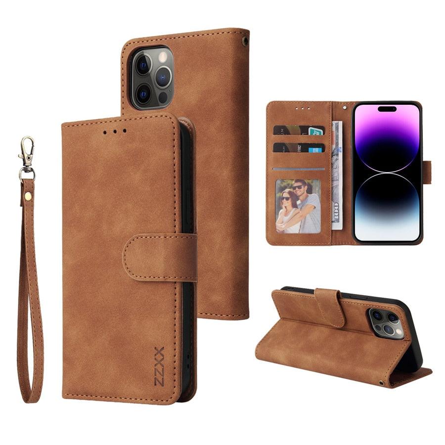 Luxury Leather Wallet Card Holder Flip Case For iPhone 14 13 12 Pro Max Plus Wrist Strap - i-Phonecases.com