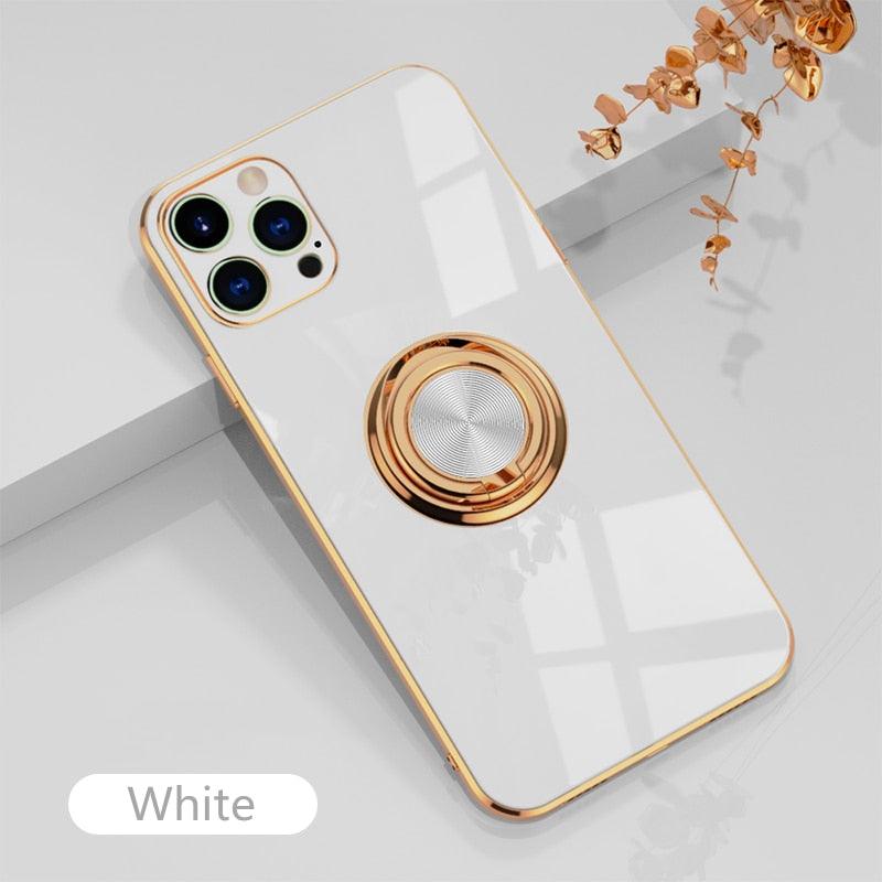 Luxury Plating Metal Ring Holder Phone Case For iPhone 14 Plus 13 12 Pro Max Soft Cover - i-Phonecases.com