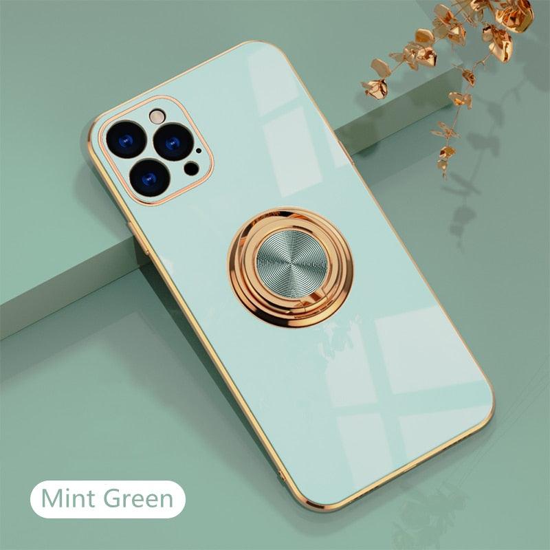 Luxury Plating Metal Ring Holder Phone Case For iPhone 14 Plus 13 12 Pro Max Soft Cover - i-Phonecases.com