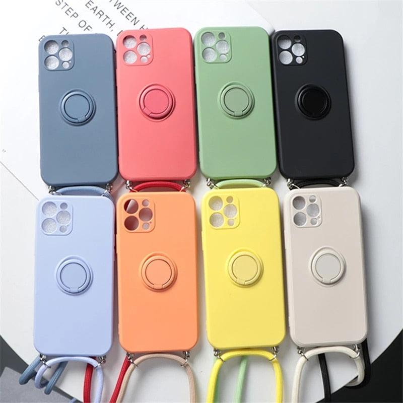 Ring Holder Strap Case For iPhone 13 12 Pro Mini XS Max XR X SE 2020 7 8 Plus 11 Pro Crossbody Cord Lanyard Magnetic TPU Cover - i-Phonecases.com