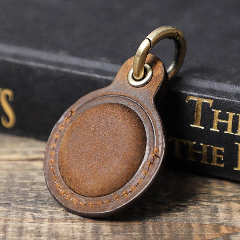 Classic Vintage Retro Leather Key Fob Case For Apple AirTag Location Device With Keyring