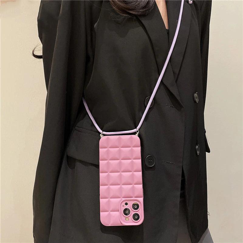 Luxury Wrist Strap Square Phone Case For iPhone 11 12 13 14 Pro Max X XS XR  6 7 8 Plus SE 2020 Geometric Leather Soft Back Cover