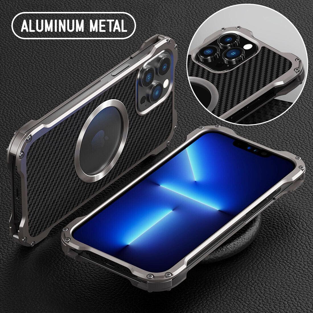 Heavy Duty Aluminium Metal Armor Case For iPhone 14 13 12 Carbon Fiber Texture Back Plate