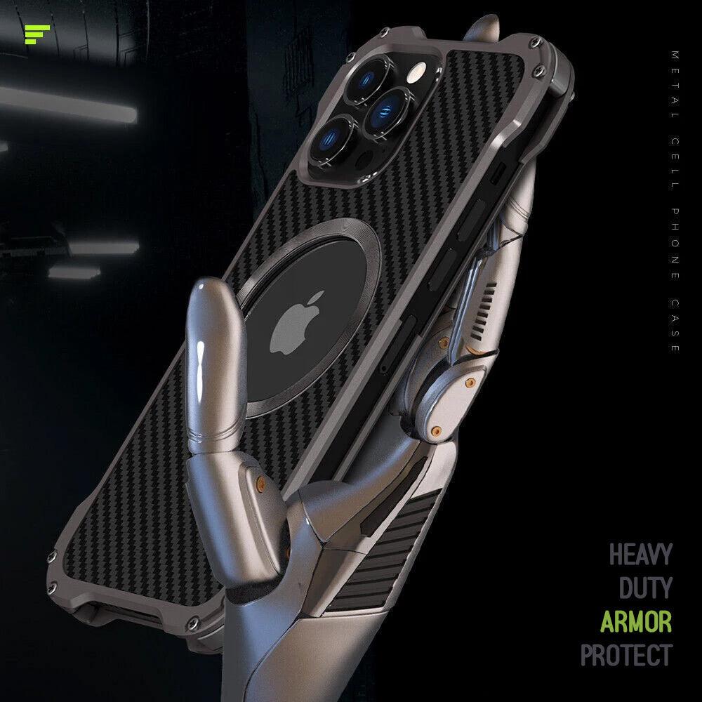 Heavy Duty Aluminium Metal Armor Case For iPhone 14 13 12 Carbon Fiber Texture Back Plate