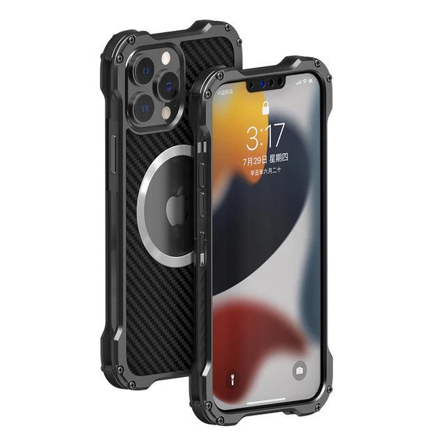 Heavy Duty Aluminium Metal Armor Case For iPhone 14 13 12 Carbon Fiber Texture Back Plate