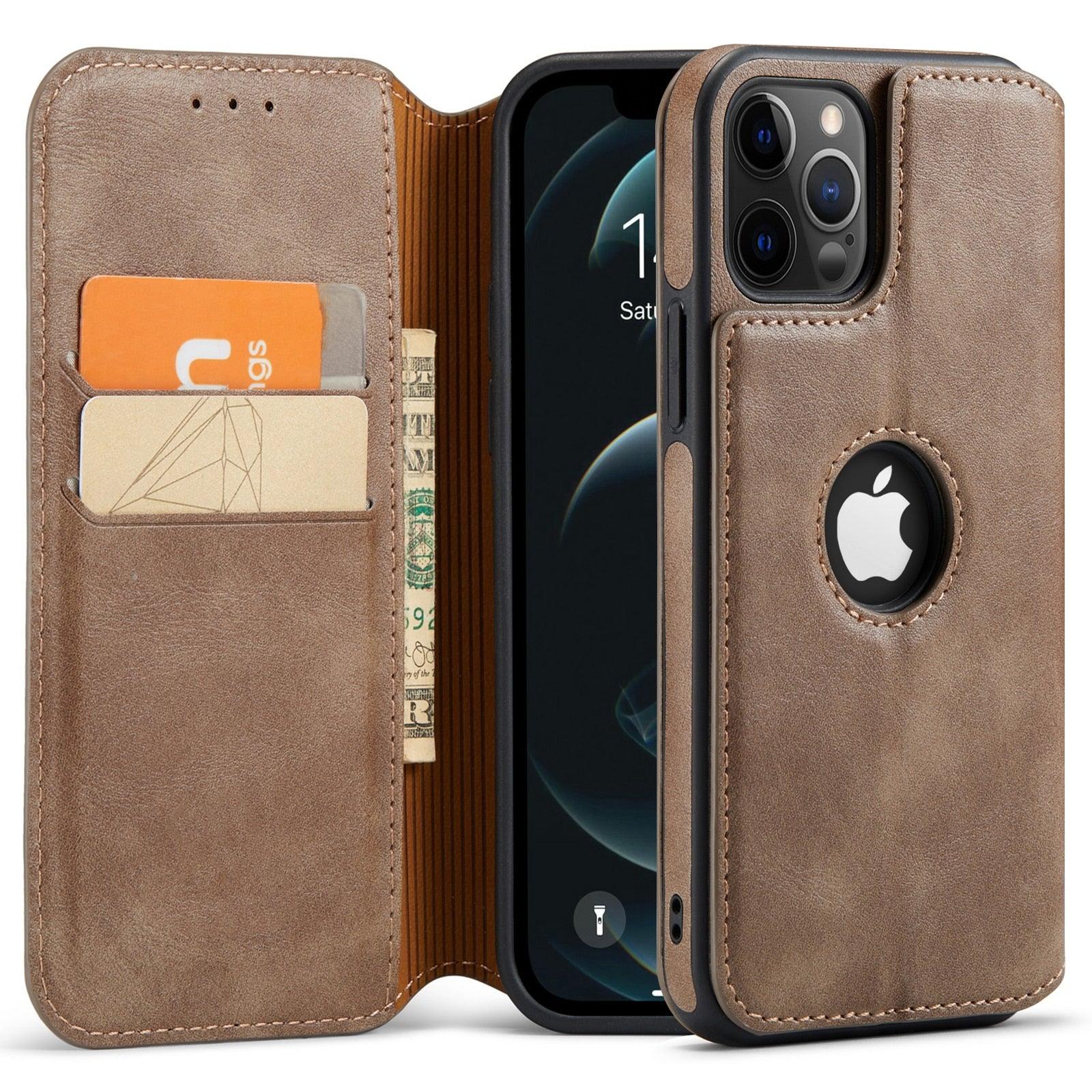 Leather Case For iPhone 14 13 12 11 Pro Max Wallet Case [RFID Blocking] Slim Magnetic Flip Cover for iPhone XR with Card Holder - i-Phonecases.com