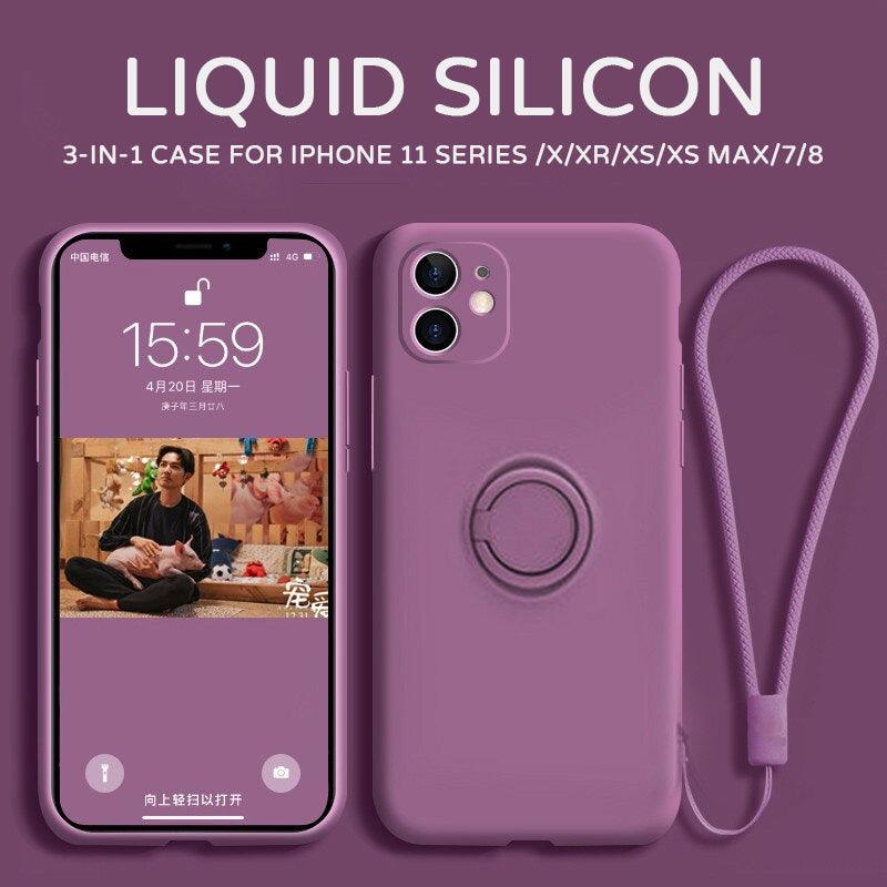 Liquid Silicone Magnetic Ring Holder Case For iPhone 11 Pro Max XR XS X 7 8 Plus Hand Strap - i-Phonecases.com