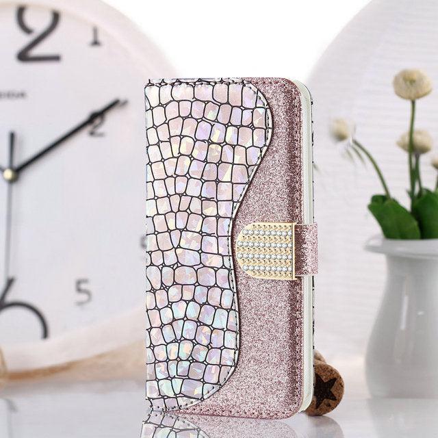 Luxury Bling Glitter Case for iPhone 11 Pro Max Case For iPhone SE 2 iPhone 12 2020 Xs Xr X 5 6 7 8 Soft PU Leather Case With Card Slots & Magnetic Clasp - i-Phonecases.com