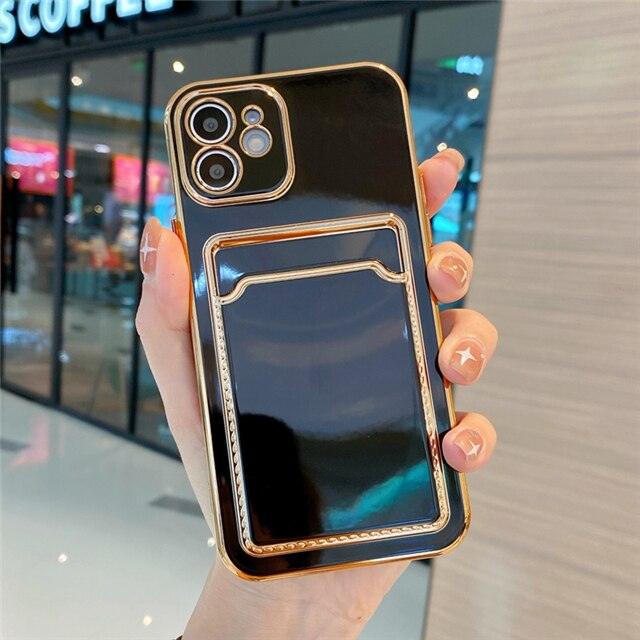 Luxury Card Holder Case For iPhone 13 12 11 Pro X XR XS Max Gold Plating Bumper