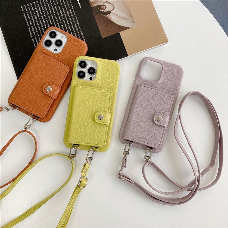 Luxury Crossbody Lanyard Leather Card Holder Wallet Case For iPhone 11 12 Pro Max mini