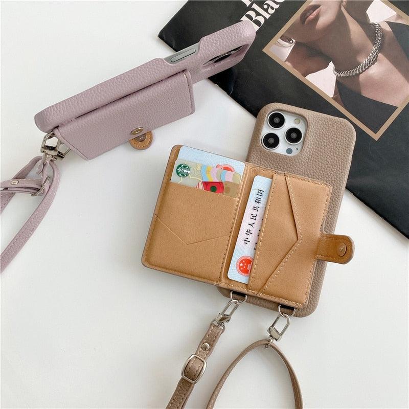 Luxury Leather Wallet Strap Cord Crossbody Case for iPhone13 12 7 8Plus X  XR XS 11 PRO MAX Shoulder Lanyard Card Holder Cover - AliExpress