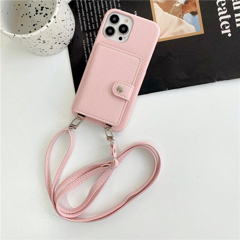 Luxury Crossbody Lanyard Leather Card Holder Wallet Case For iPhone 14 13 Pro Max mini - i-Phonecases.com