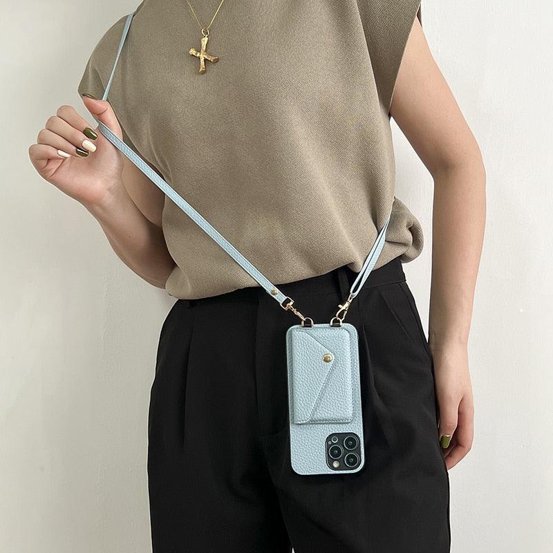 Luxury Fashion Crossbody Strap Lanyard Leather Card Holder Case