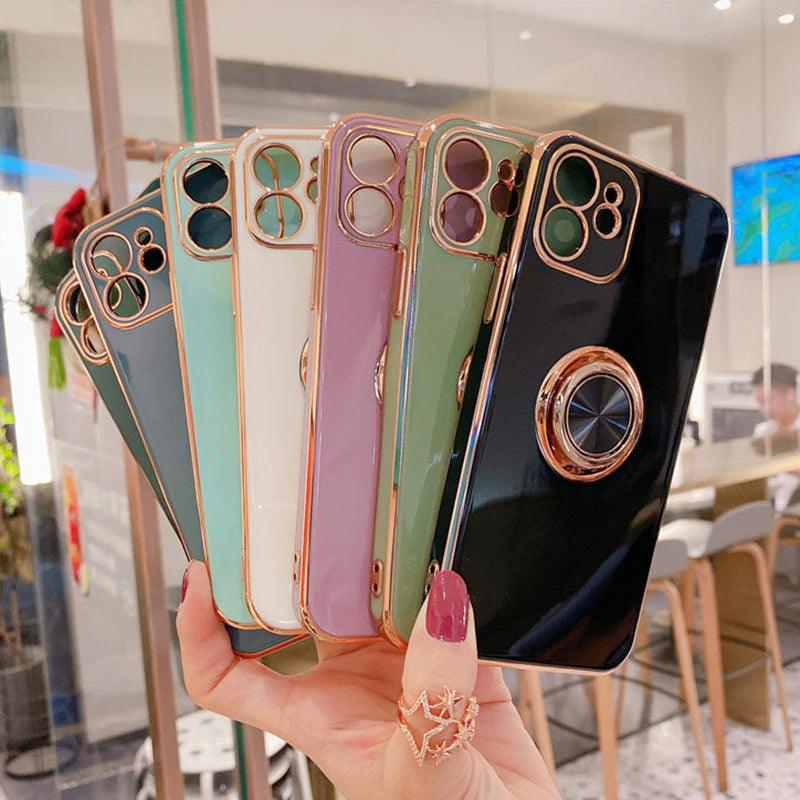 Luxury Fashion Gold Plating Metal Stand Ring Holder Case For iPhone 13 12 Pro Max XS XR SE Phone Cover For iPhone 11 7 8 Plus Soft Silicone Case - i-Phonecases.com