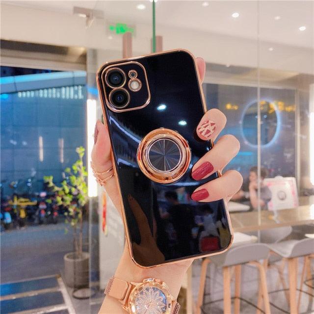 Luxury Fashion Gold Plating Metal Stand Ring Holder Case For iPhone 13 12 Pro Max XS XR SE Phone Cover For iPhone 11 7 8 Plus Soft Silicone Case