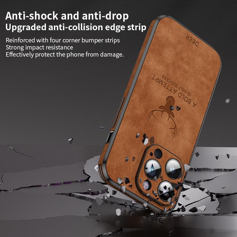 Luxury Leather Deer Hunter Cover For iPhone 14 Plus 13 12 Pro Max Bumper Phone Case
