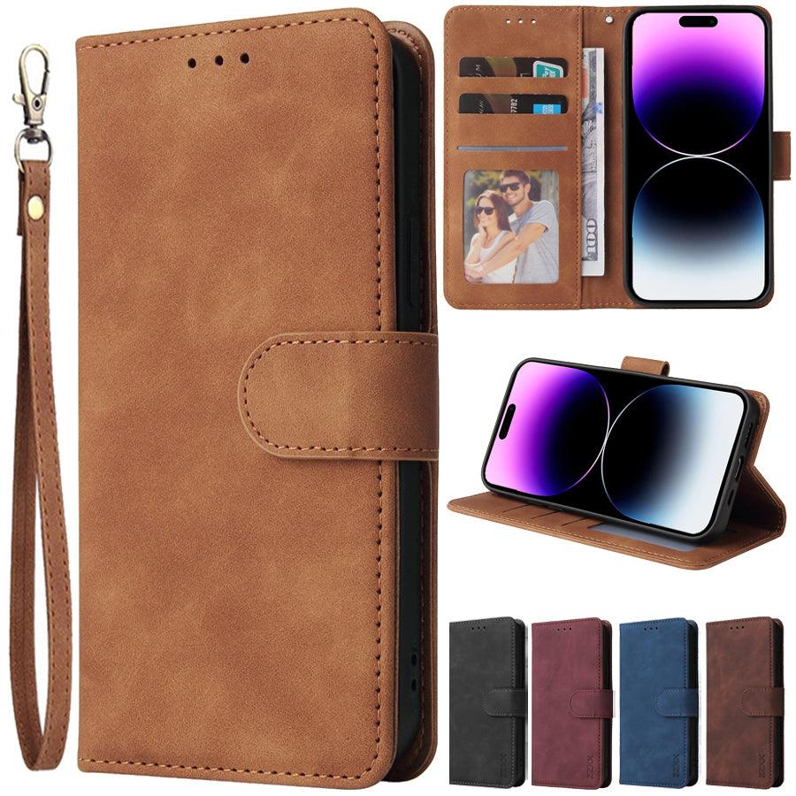 Luxury Leather Wallet Card Holder Flip Case For iPhone 14 13 12 Pro Max Plus Wrist Strap - i-Phonecases.com