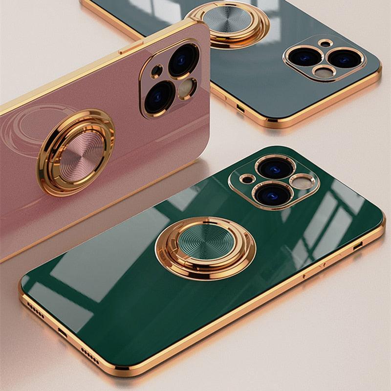 Luxury Plating Metal Ring Holder Phone Case For iPhone 14 Plus 13 12 Pro Max Soft Cover