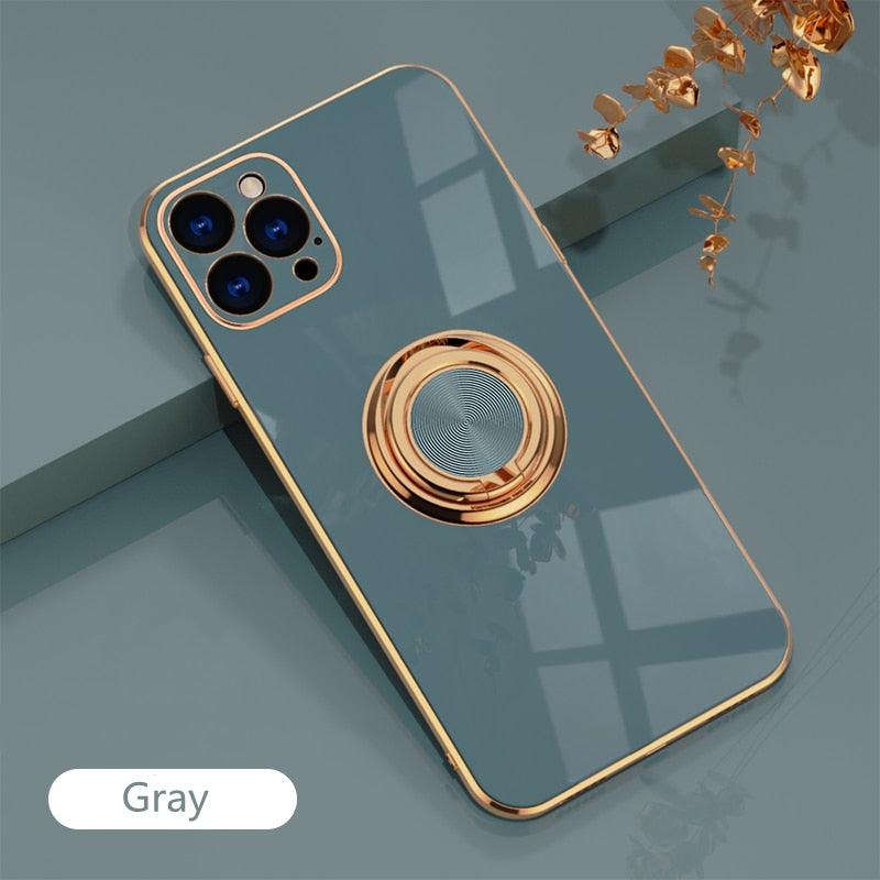 Luxury Plating Metal Ring Holder Phone Case For iPhone 14 Plus 13 12 Pro Max Soft Cover