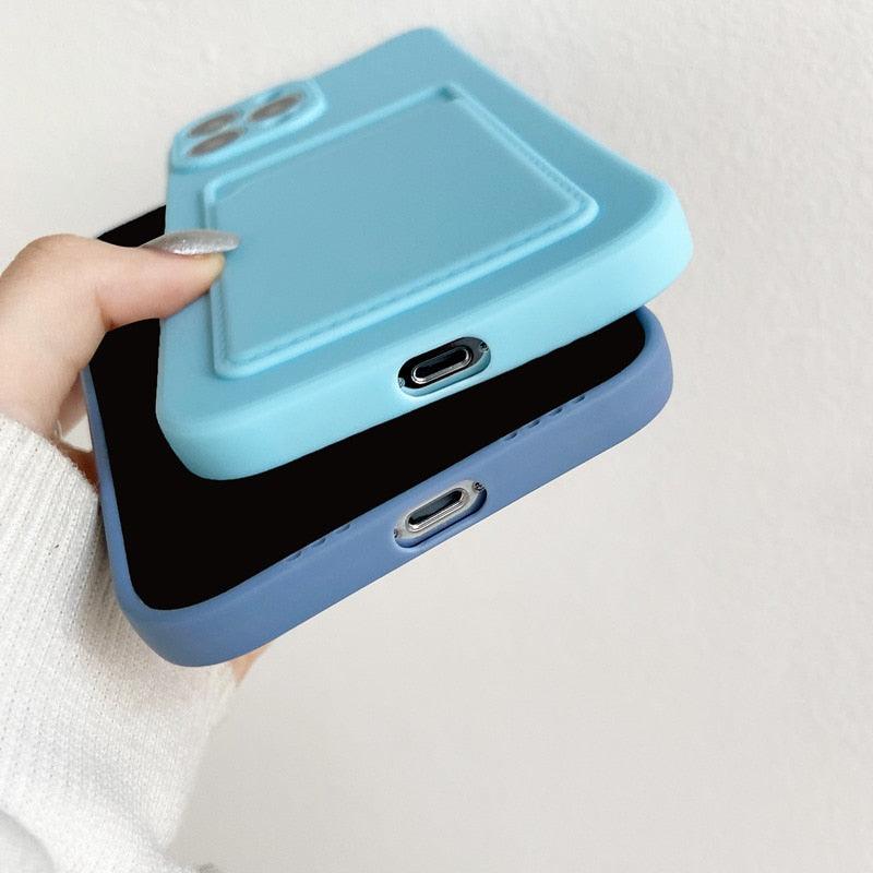 Matte Liquid Silicon Card Holder Phone Case For iPhone 11 Pro 12 Pro Max Mini Soft Cover