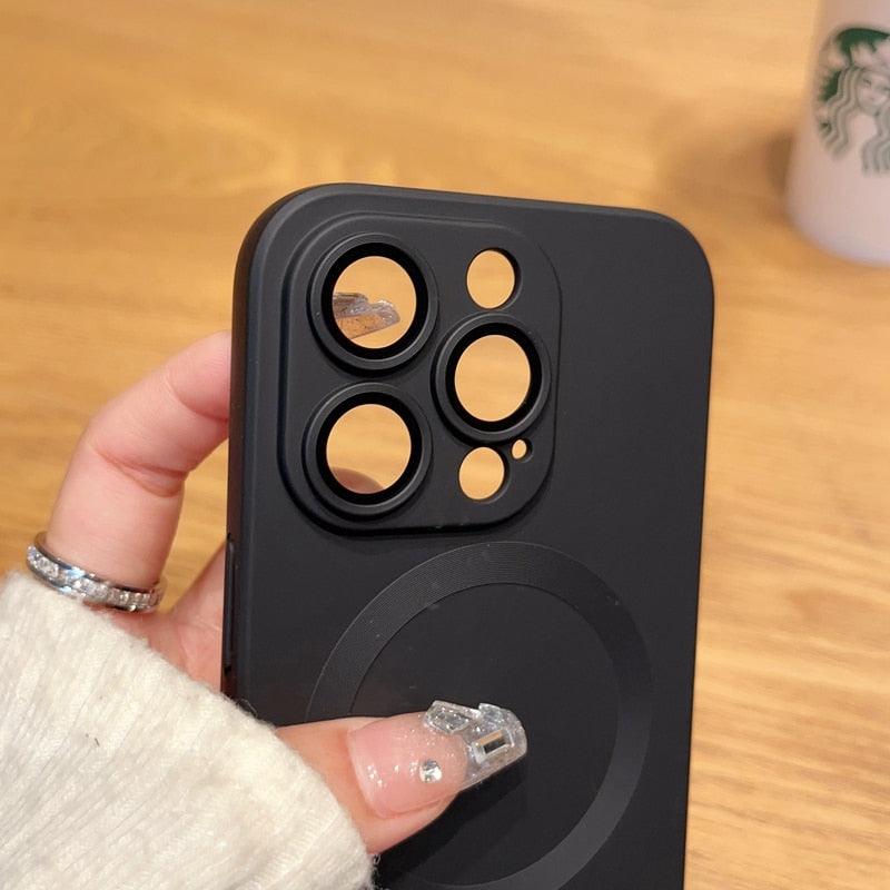 Matte Silicon Shockproof Magnetic Charging Case for iPhone 14 13 12 Pro Max Plus Glass Lens ProtectionMatte Silicon Shockproof Magnetic Charging Case for iPhone 14 13 12 Pro Max Plus Glass Lens Protection