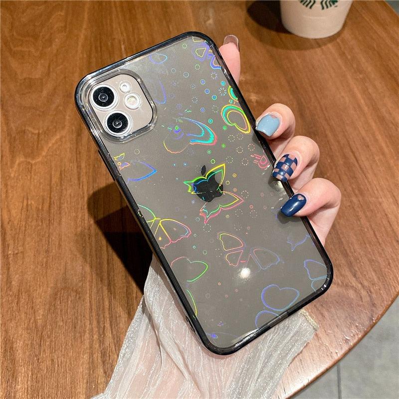 Rainbow Laser Love Heart Clear Case for iPhone 14 13 12 11 Pro Max mini X XR XS 7 8 Plus SE