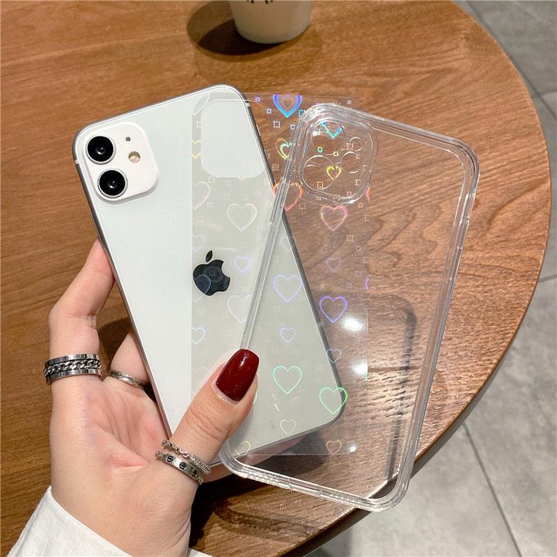 Rainbow Laser Love Heart Clear Case for iPhone 14 13 12 11 Pro Max mini X XR XS 7 8 Plus SE - i-Phonecases.com