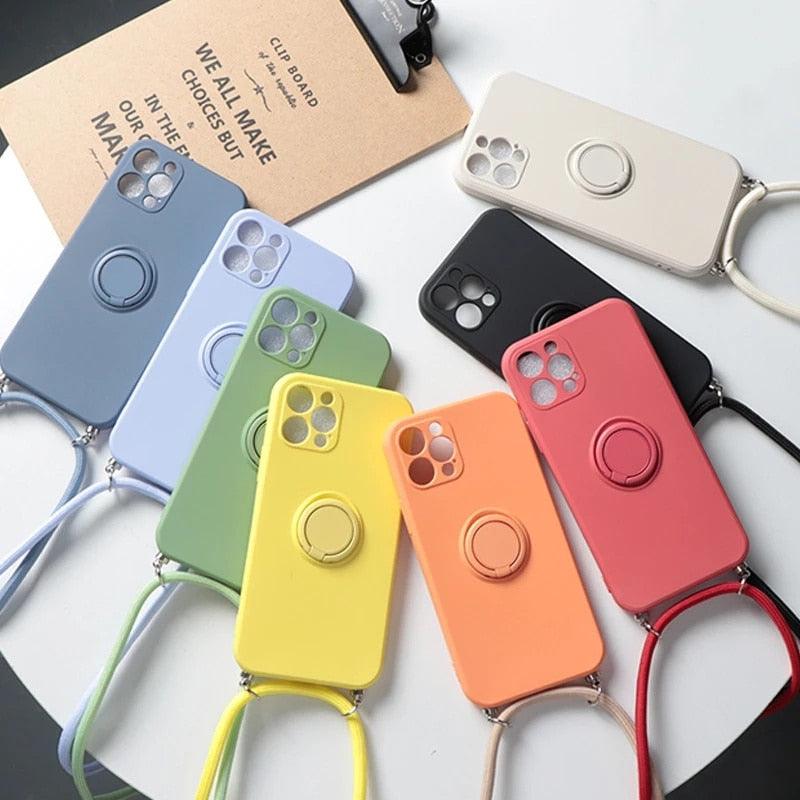 Ring Holder Strap Case For iPhone 13 12 Pro Mini XS Max XR X SE 2020 7 8 Plus 11 Pro Crossbody Cord Lanyard Magnetic TPU Cover - i-Phonecases.com