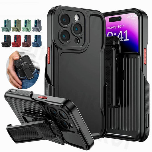 Rugged Bumper Hybrid Armor Case For iPhone 14 Plus 13 12 11 Pro Max With Belt Clip Kickstand - i-Phonecases.com